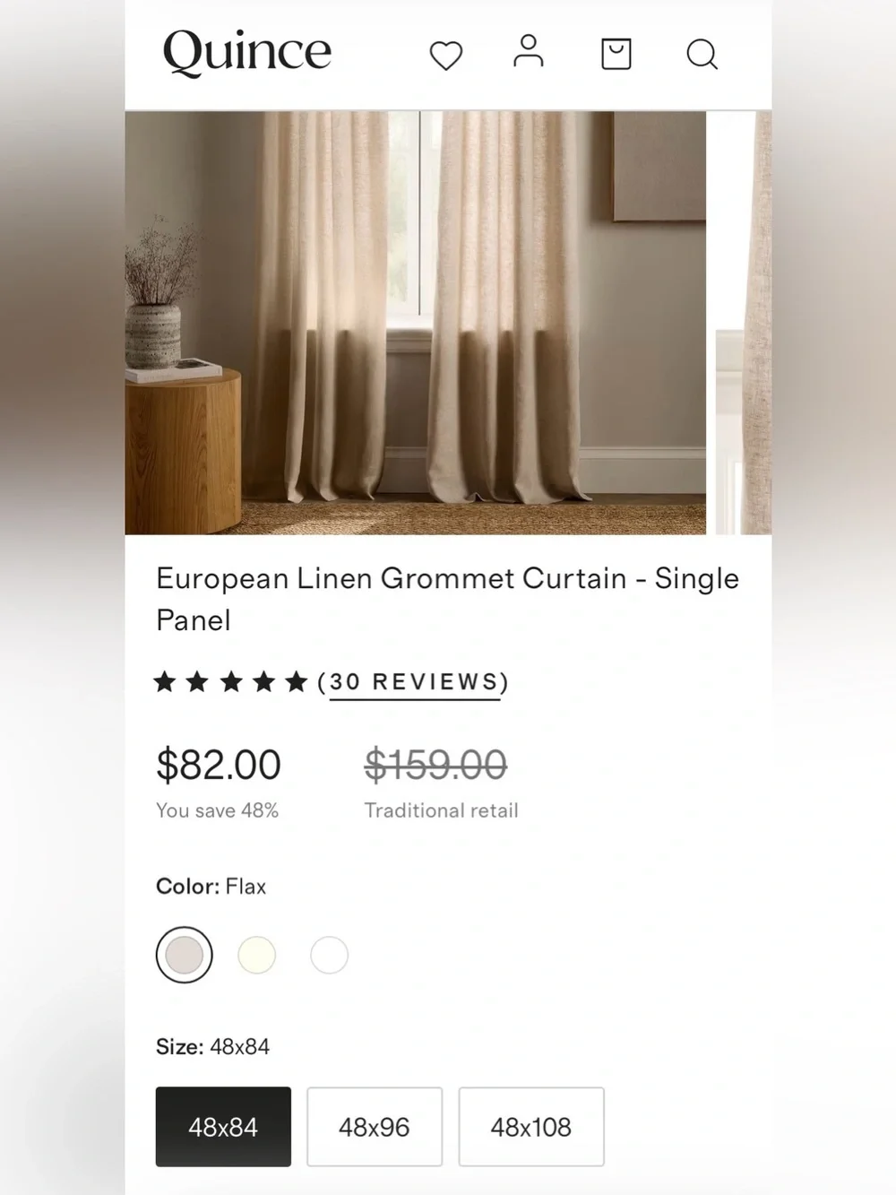 NWOT Quince European Linen Grommet Curtain - Single Panel, 48 X 84 (Flax)